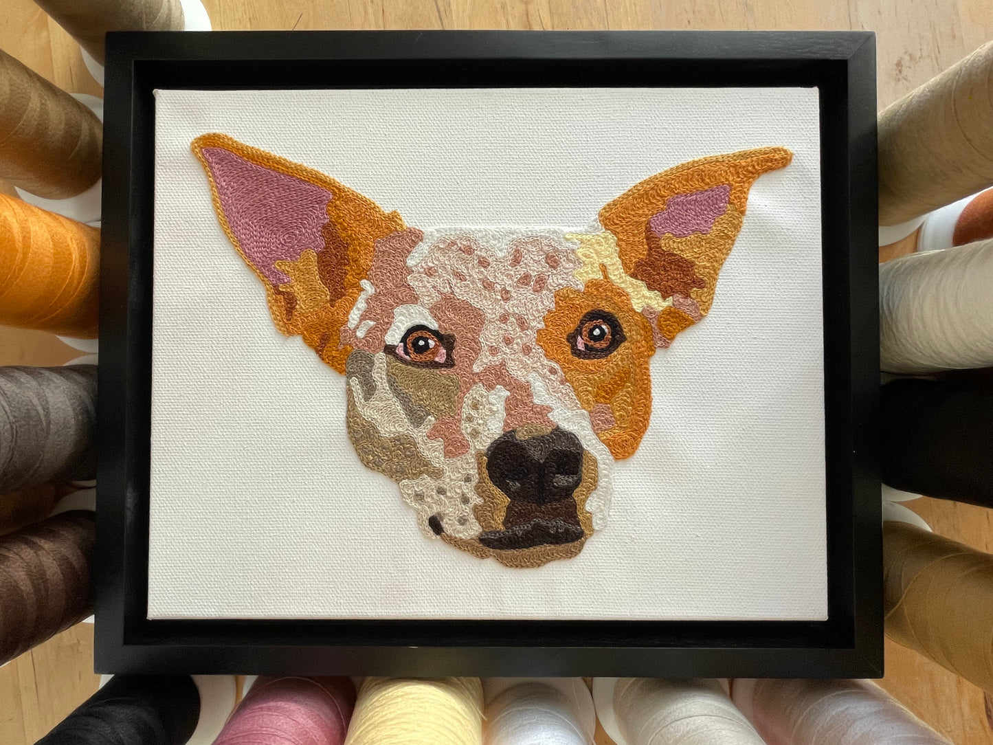 Handmade Handcranked Custom Chainstitch Embroidered Framed Pet Portrait