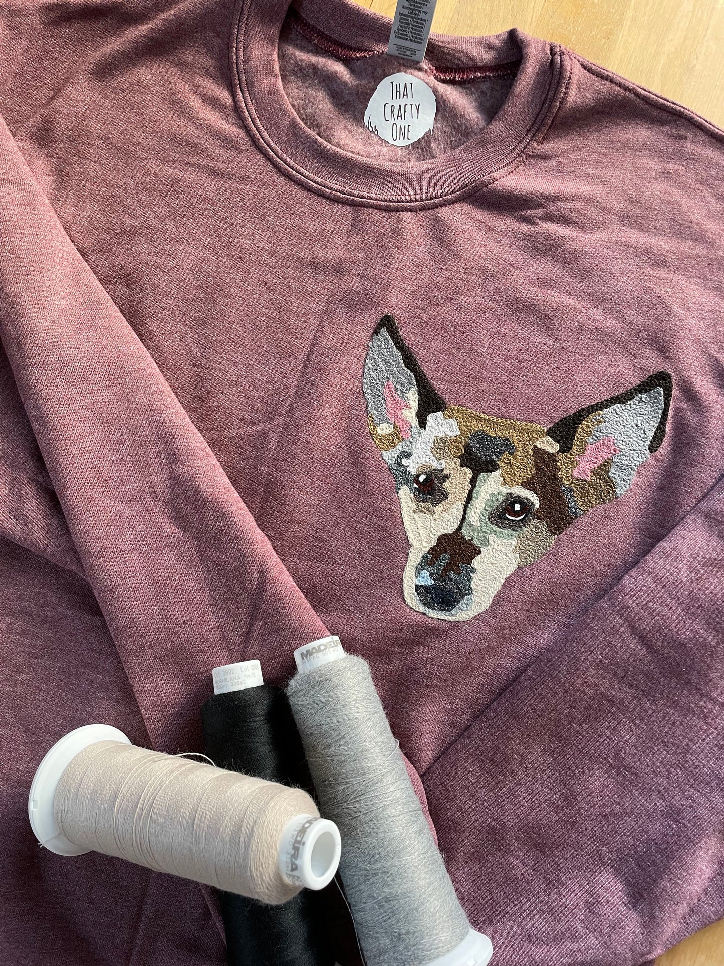 Handmade Handcranked Chainstitch Embroidered Custom Pet Portrait Sweatshirt