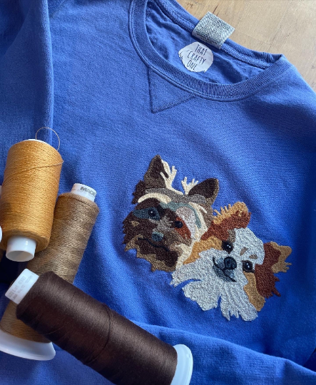 Handmade Handcranked Chainstitch Embroidered Custom Pet Portrait Sweatshirt - Two Pets